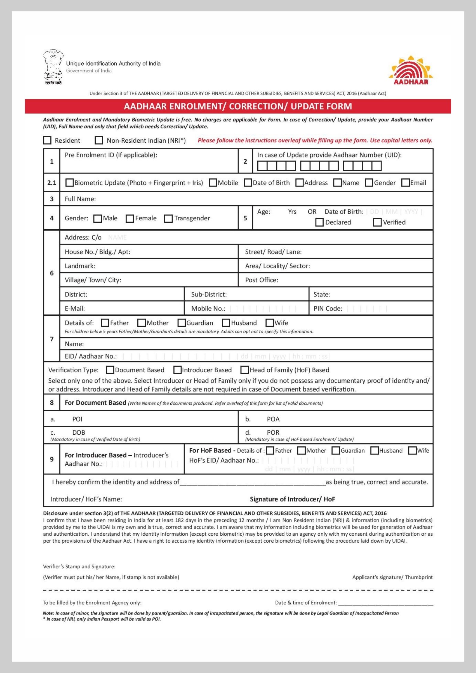 Aadhar Card Correction Form PDF