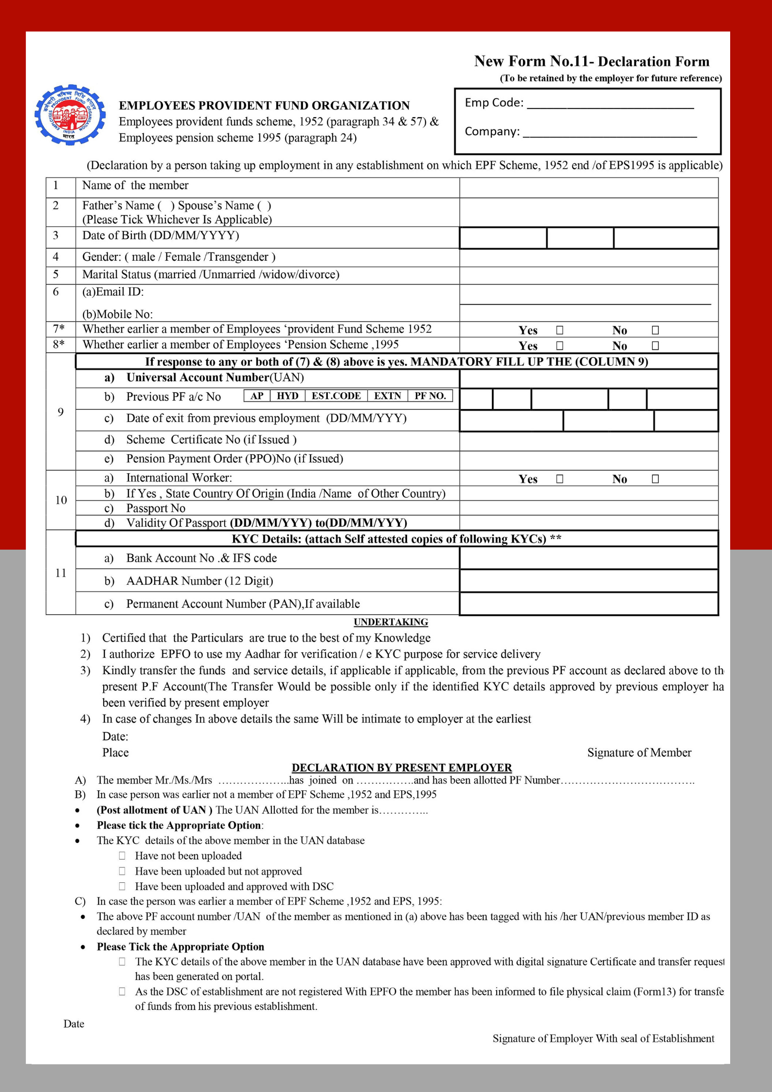 EPF Form 11 (Self Declaration Form) PDF Download Submission