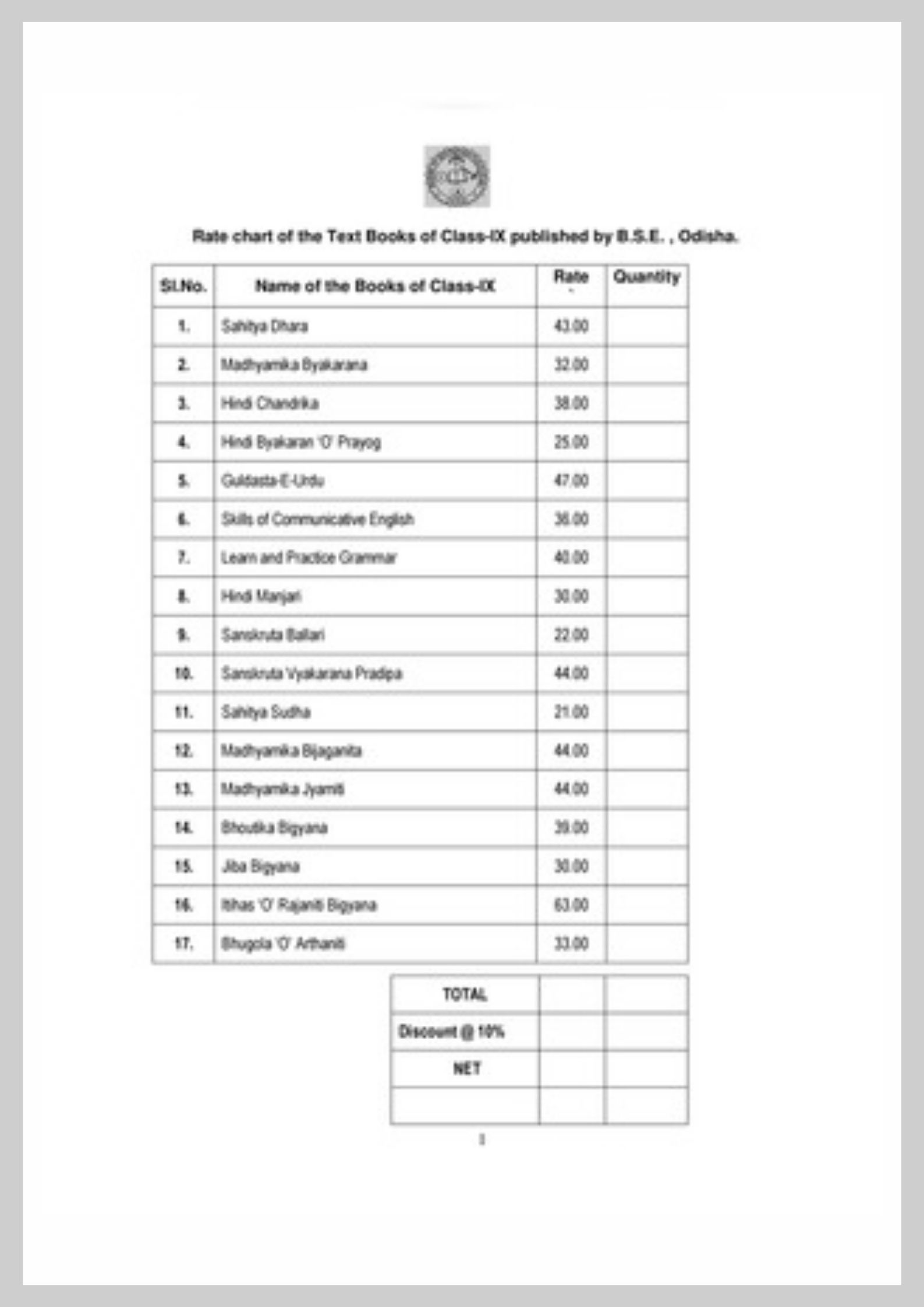Odisha Class 10 Book Price List PDF