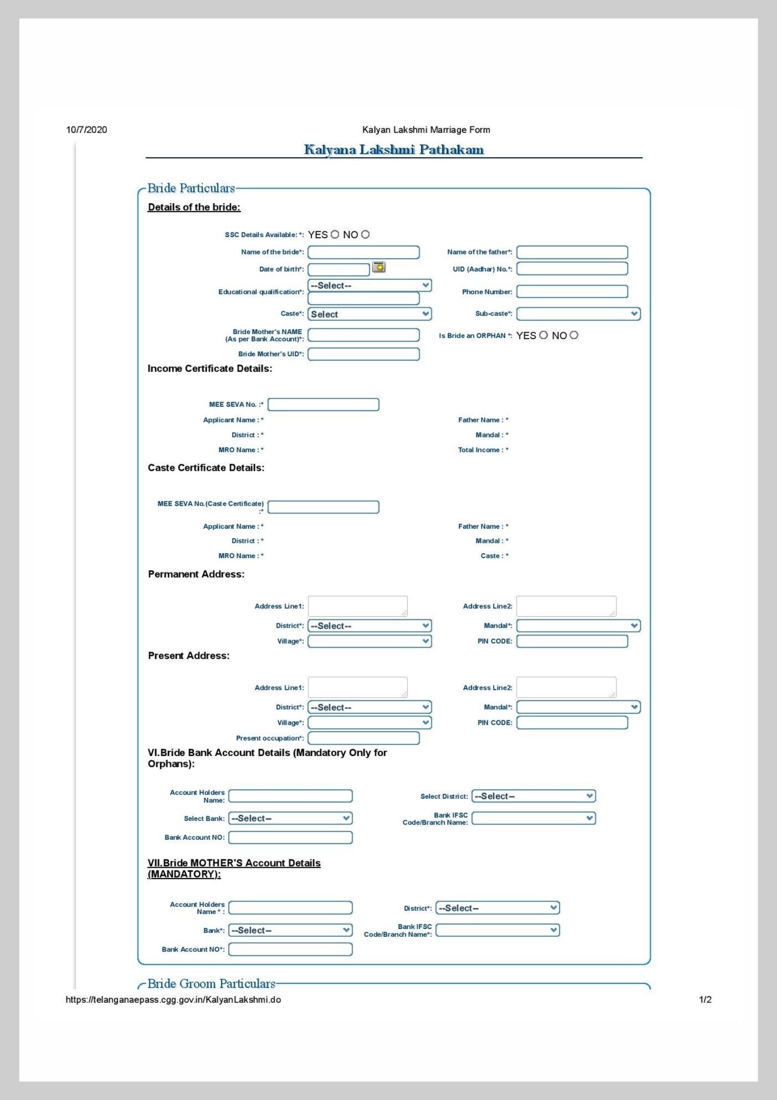 Kalyana Lakshmi Application form Download PDF