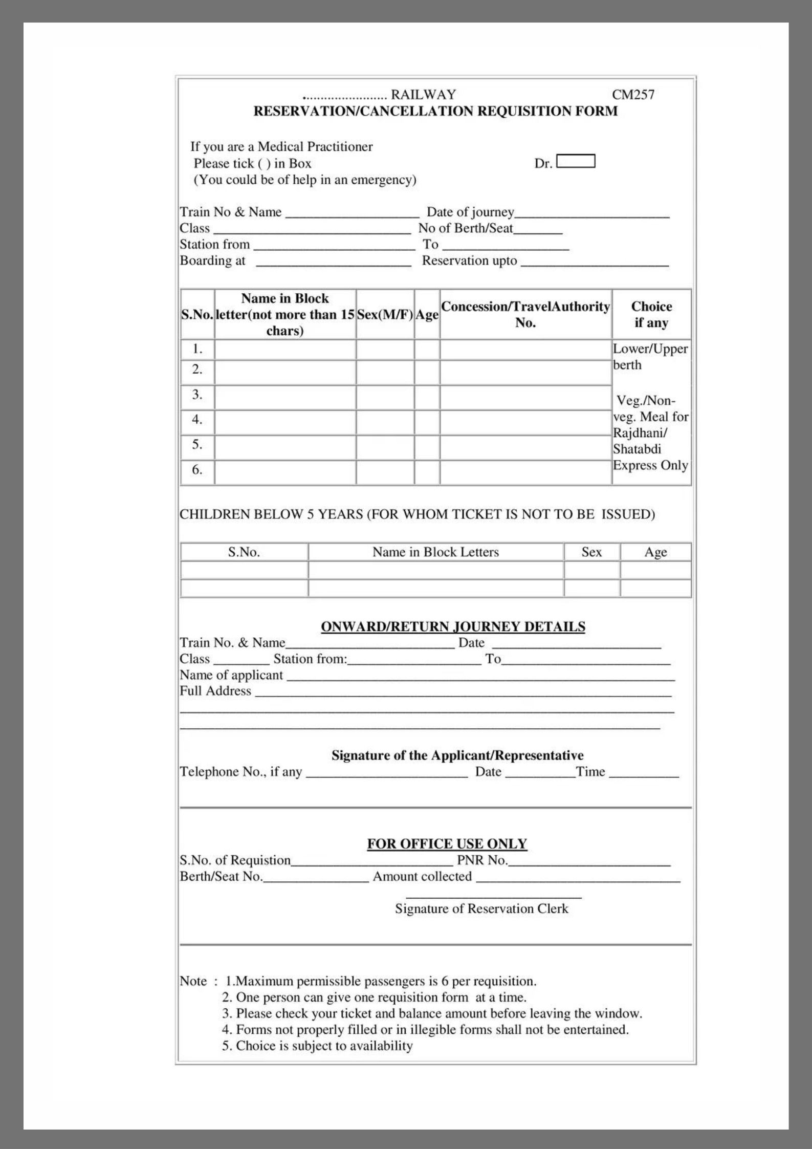 Railway Reservation Application Form PDF