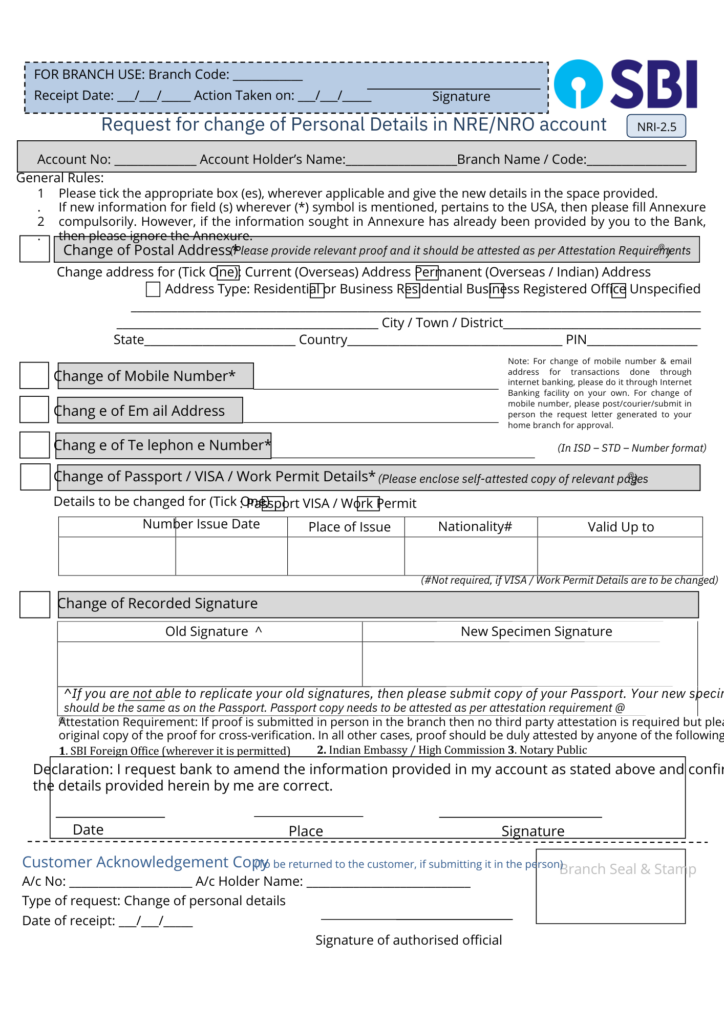 SBI Mobile Number Change Form PDF