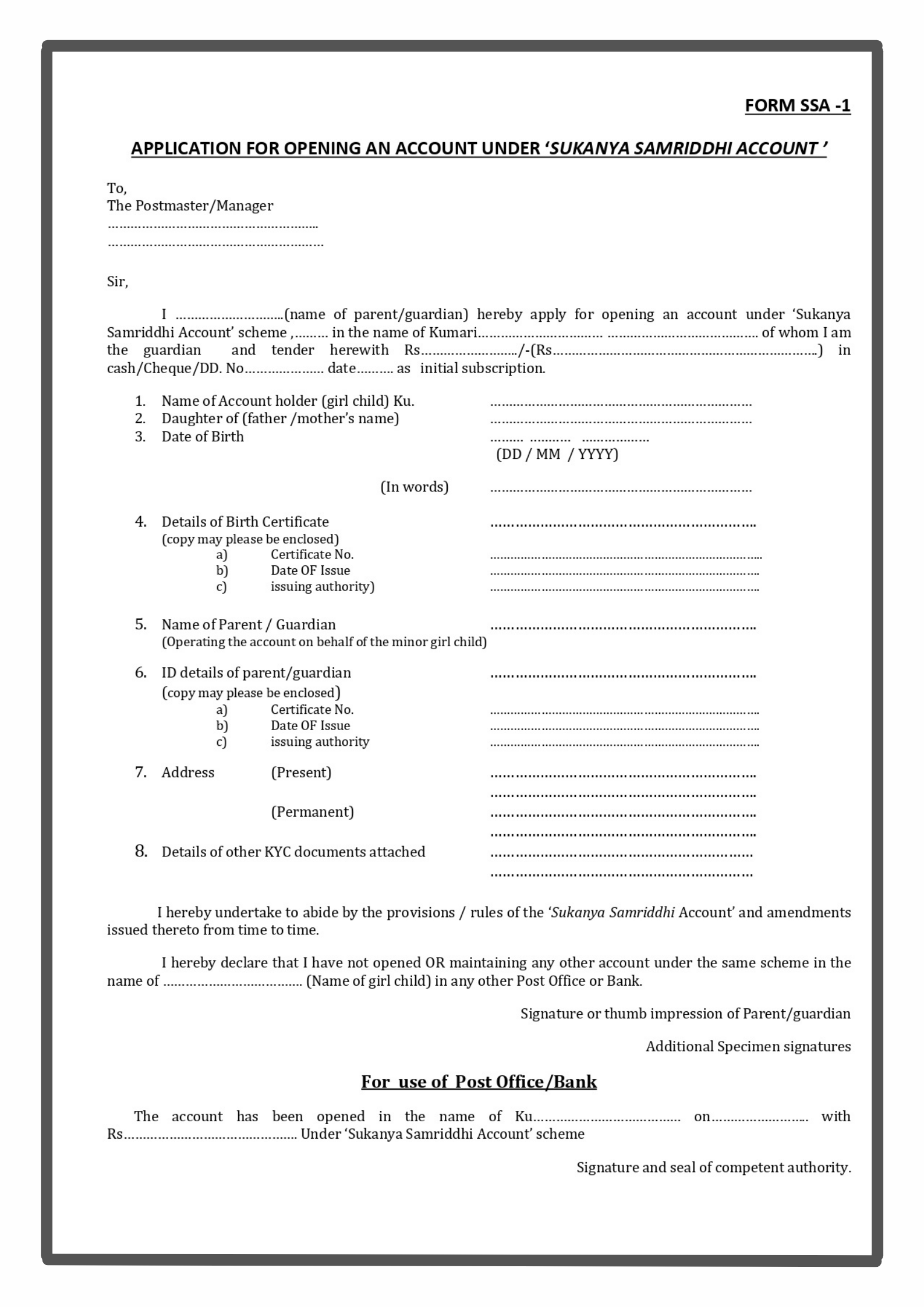 Sukanya Samriddhi Yojana Form PDF