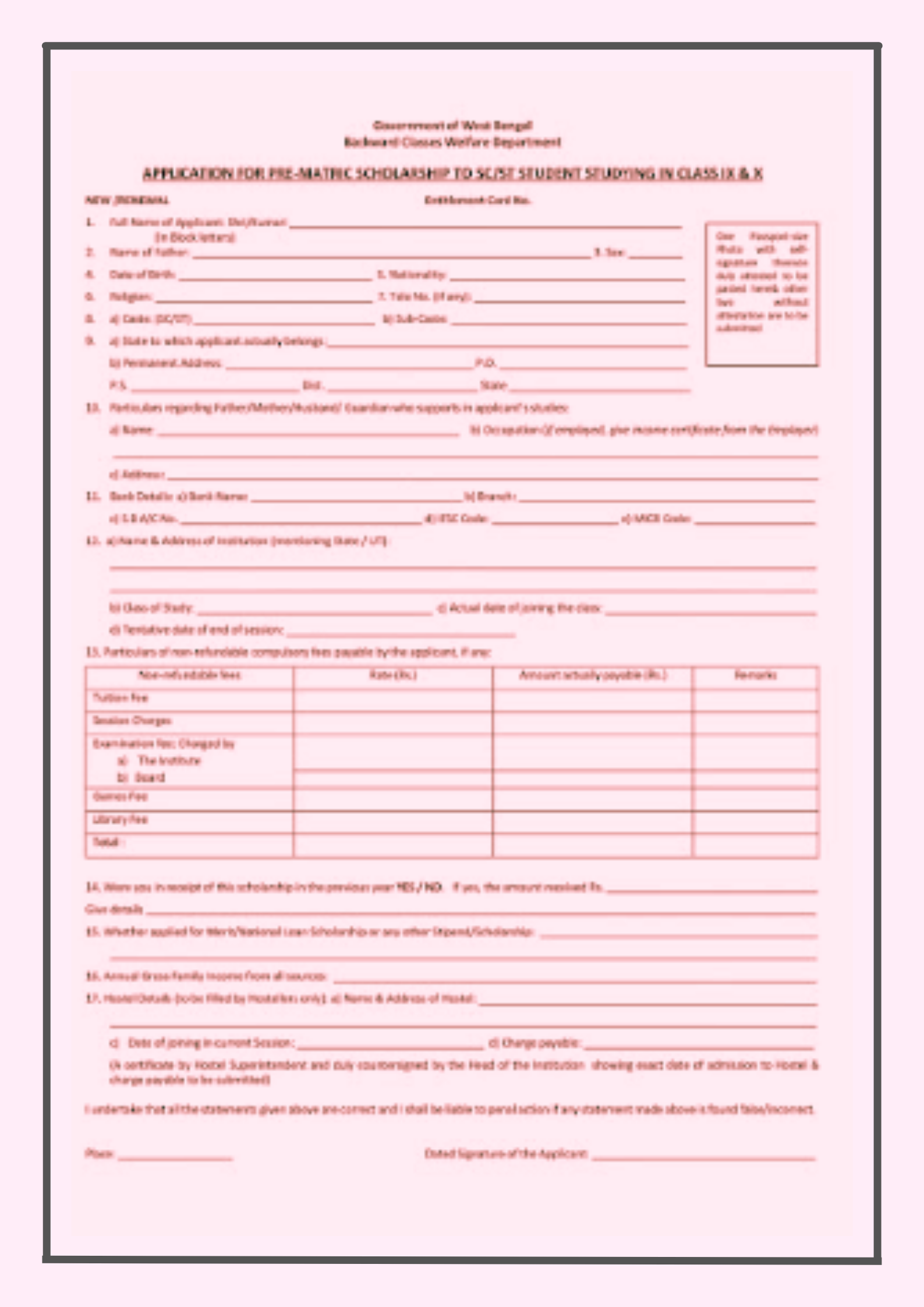 West Bengal Scholarship Application Form PDF