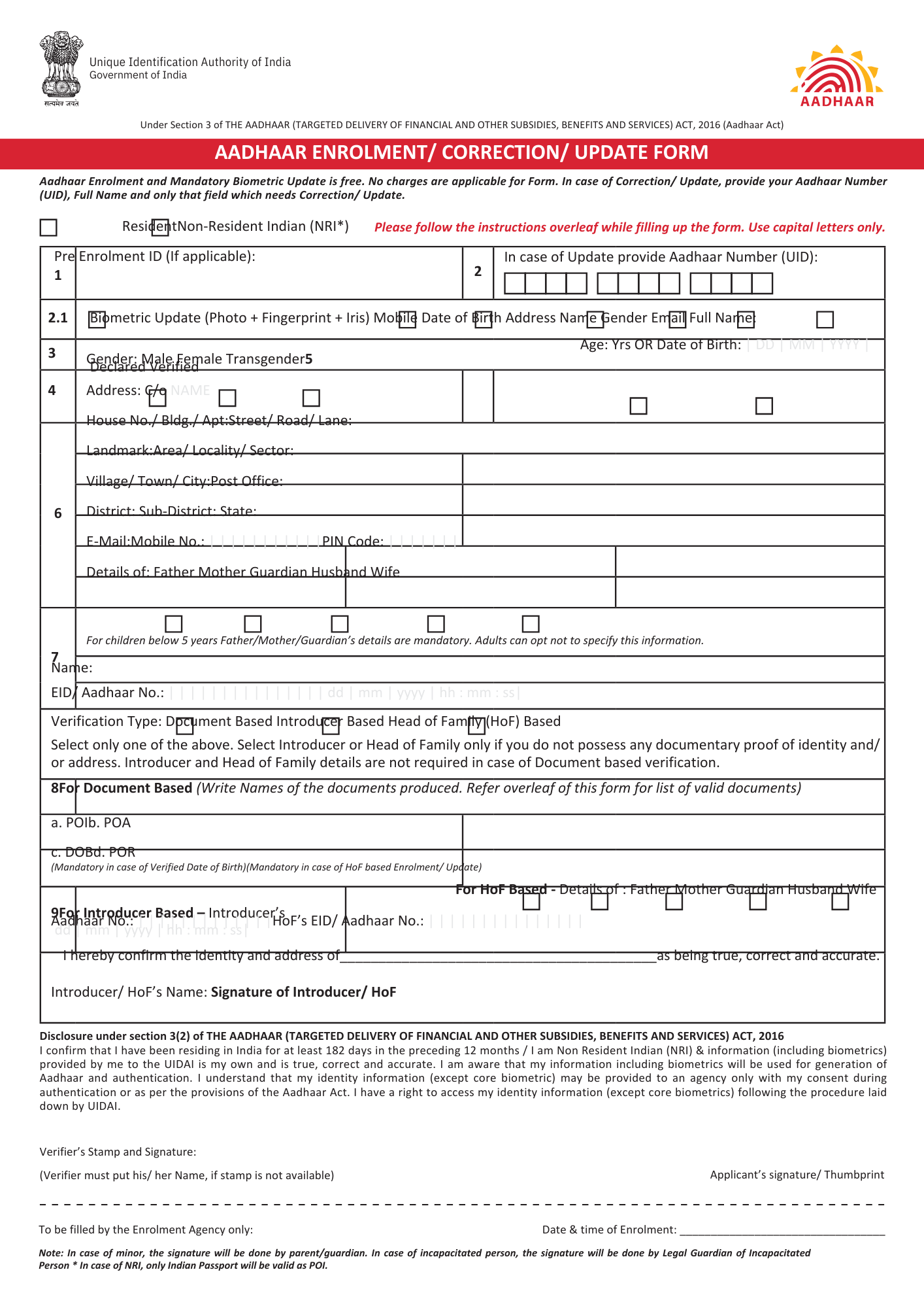 certificate for aadhaar enrolment update form pdf